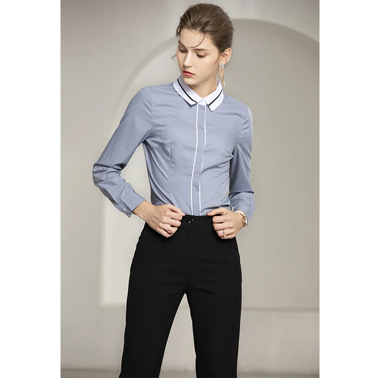 High Quality Low Factory Price Turn-down Collar Grey White Woman Formal Business Lady Office Blouse