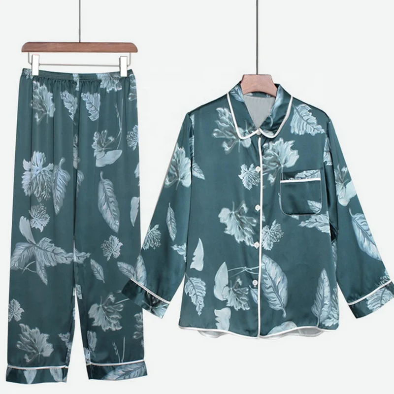 Wholesale summer luxury elegant adult ladies sexy printed silk satin women pajamas set