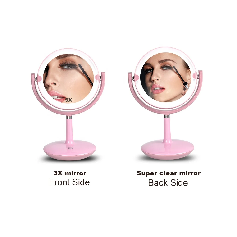 Table stand and plastic double sided desktop led makeup cosmetic mirror