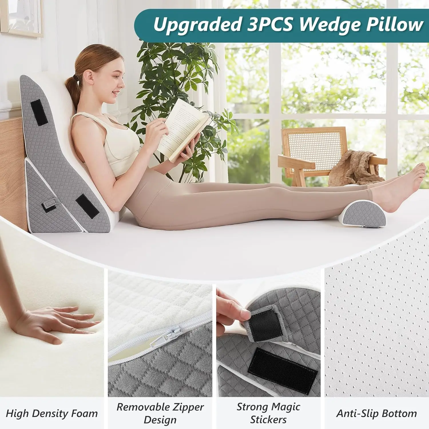 3 PCS Upgraded Bed Wedge Pillow for Sleeping - 35D Post Surgery Pillow for Back Leg Pain Relief