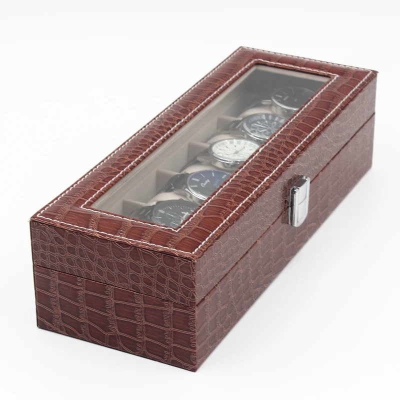 Custom logo luxury watch storage croco pu leather 6 grids watch gift box