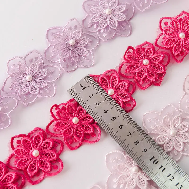 Wholesale Factory Custom Embroidery Flower With Rhinestones And Beads Embroidered White Chemical Lace Trim Lace  For Dresses