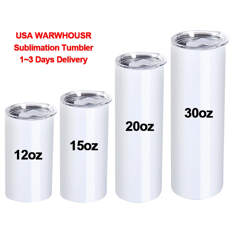USA China warehouse 20oz ounce stainless steel white skinny straight sublimation blank tumbler insulated 20 oz with straw