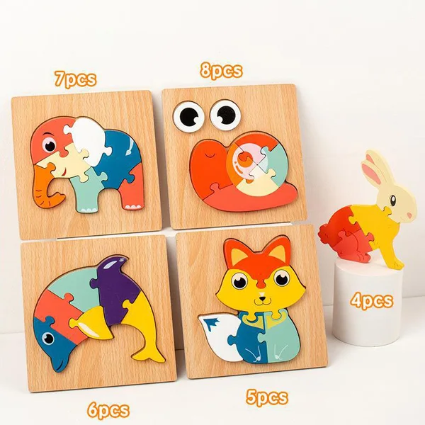 Wooden children children cartoon 3D three-dimensional snap puzzle animal Mosaic baby early to teach intelligence wooden toys