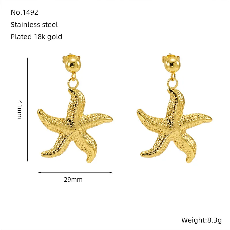 Beach style stainessl steel PVD gold starfish earrings Female exaggerated retro sea animal personality niche earrings earrings
