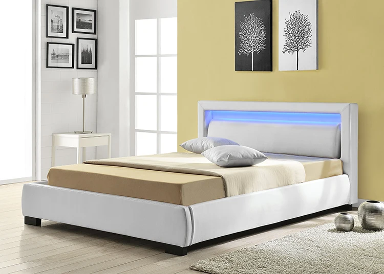 Willsoon Modern Contemporary Faux Leather Bed with LED Light Soft Wooden Frame for Home Furniture Bedroom Panel Style Design