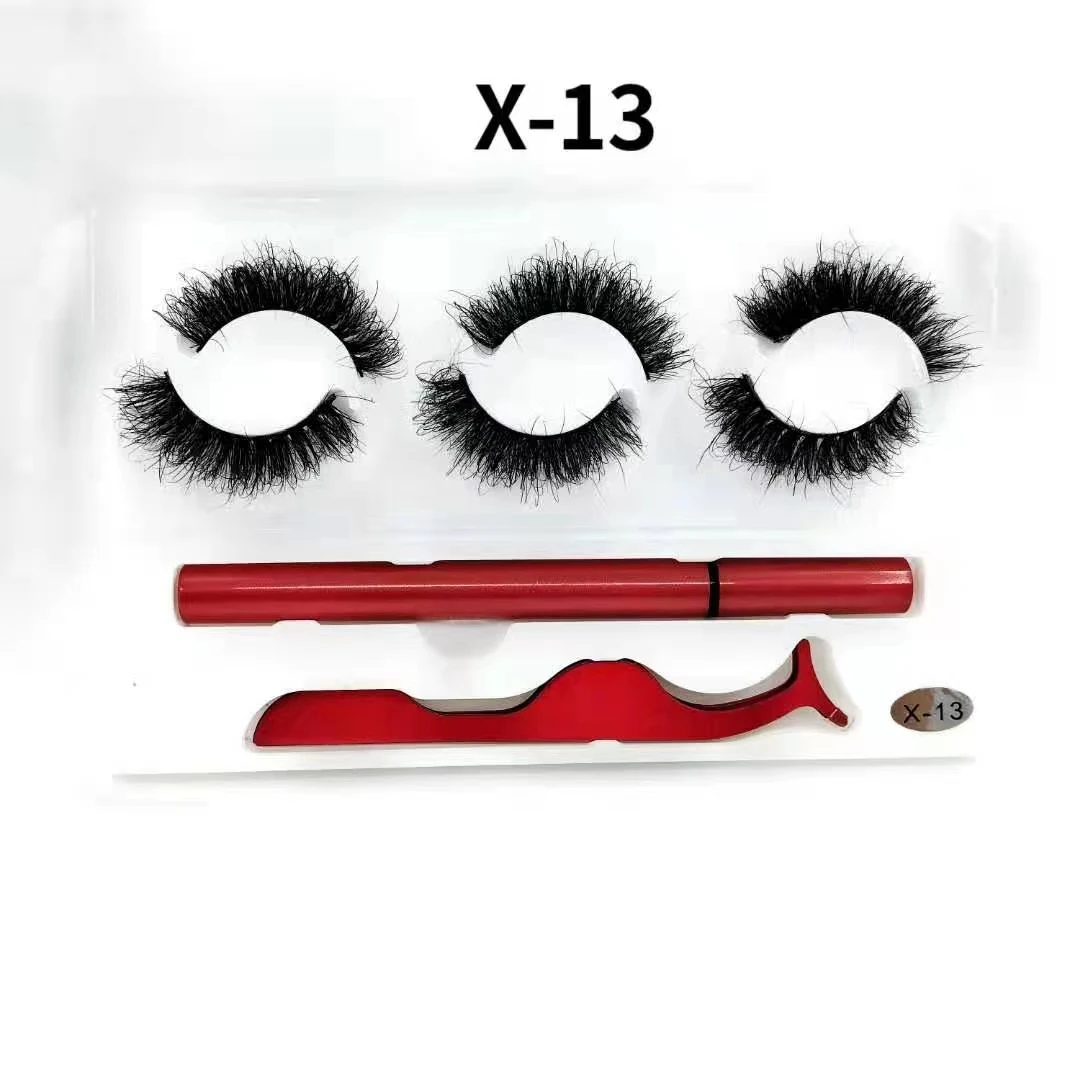 private label 3 pairs mink lash box vendor natural mink eyelashes set with glue magic eyeliner pen and tweezers