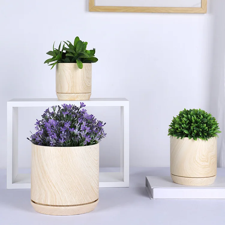 Modern Ceramic wood grain pot pot planting basin bottom perforated drainage belt with the same type of tray used for indoor