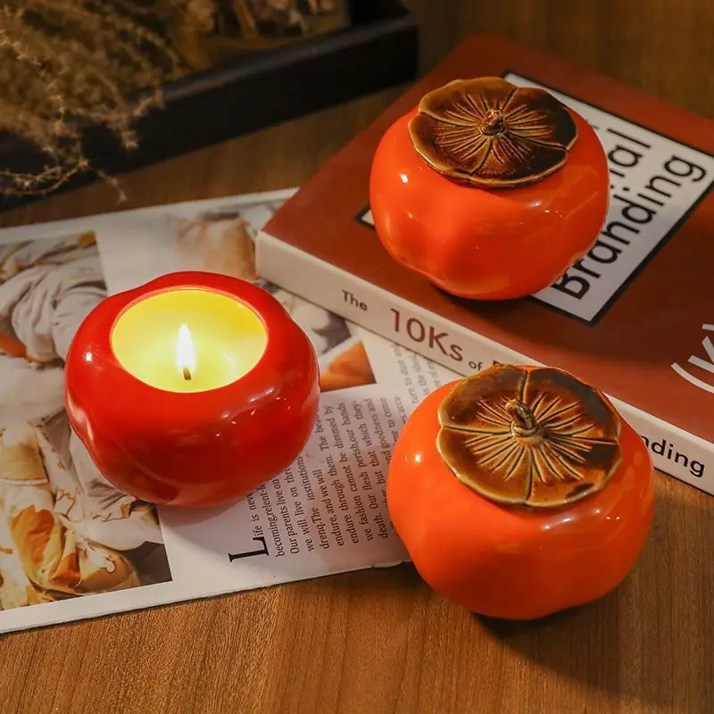 Hot Sale Handmade Cute Persimmon Fruit Shaped ceramic Jar Gift Scented Candles