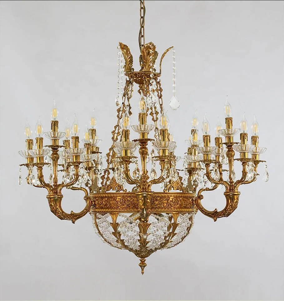 French Antique Bronze Brass Candle Hanging Lamp clear crystal Decorative chandelier luxury Pendant Lighting Crystal Chandelier