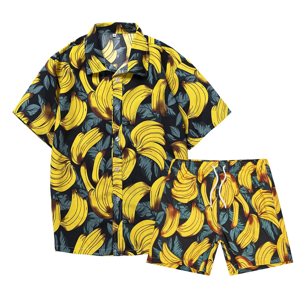 Banana Printed Men Sets Short Sleeve Lapel Casual Shirt Beach Shorts Summer Vacation Men Hawaiian party Suits 2 Pieces