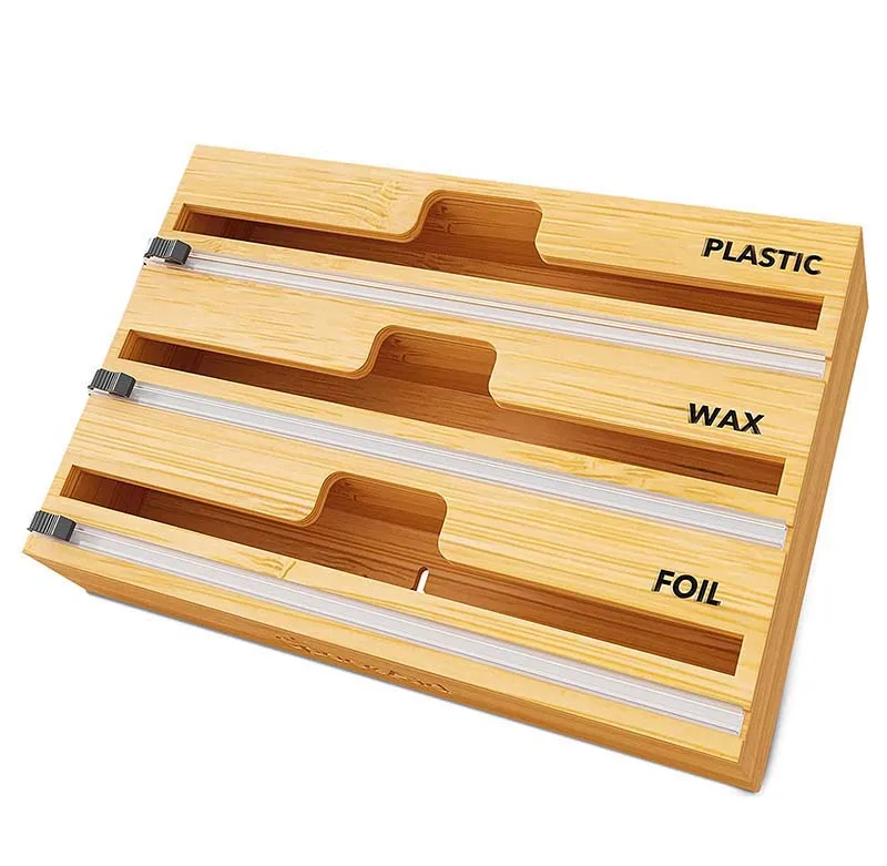 Plastic Wrap Storage Organizer 3 In 1 Bamboo Wood Plastic Wrap Dispenser With Slide Cutter