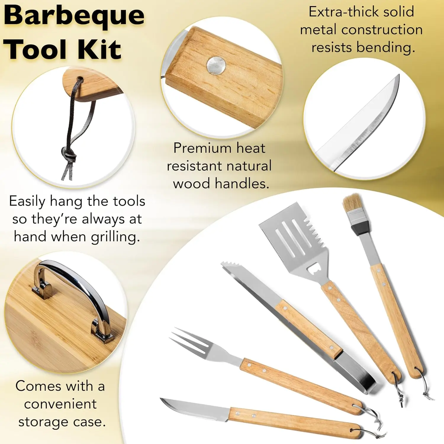 6 PCS Wood Handle Barbecue Grilling Tools Set BBQ Spatula Fork Tongs Brush Knife Accessories Portable Bamboo Carrying Box Case