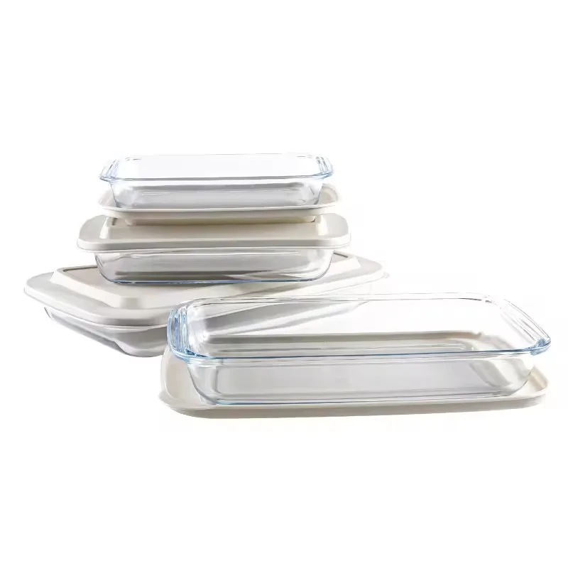 Glass baking tray microwave steaming oven with lid utensil high temperature resistant tableware household container fish plate