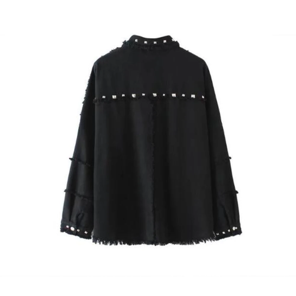 High street style black denim beaded rivet jeans coat jacket fro women