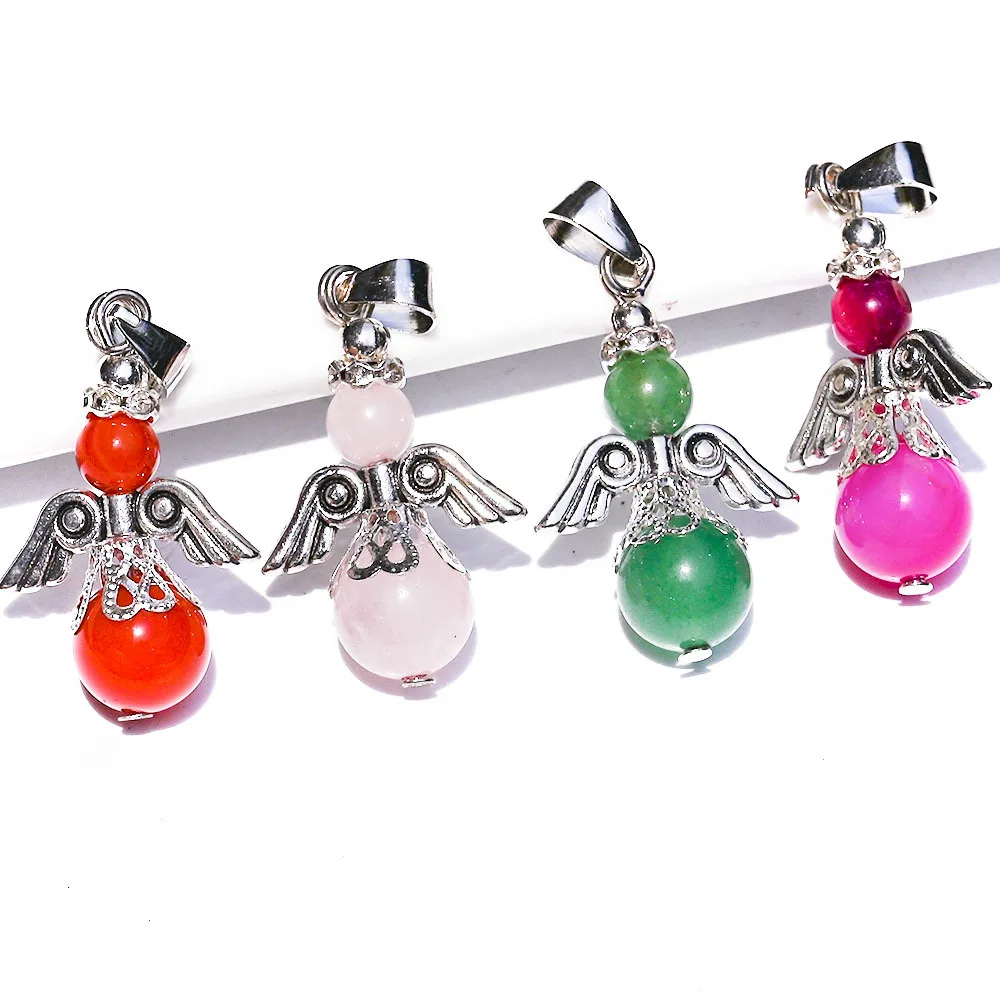 Natural Stone Amulet Healing Crystal Pendant Charm Dancing Angel Wings Round Pendants Beads Reiki Pendulum for Men Women