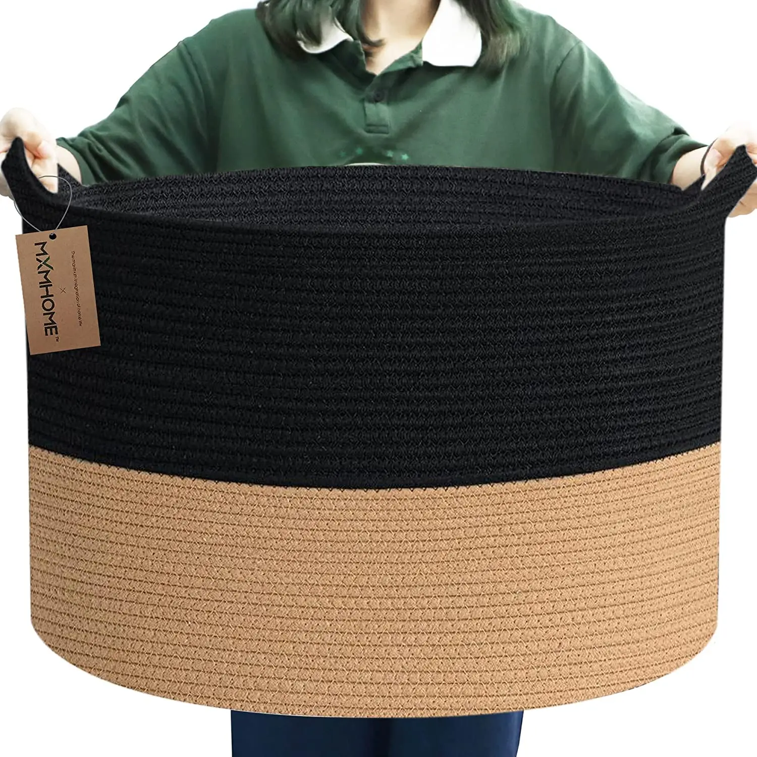 Natural Woven Cotton Rope Storage Basket for Towels Blanket,Round Wicker Laundry Basket with handle for Bedroom Living Room