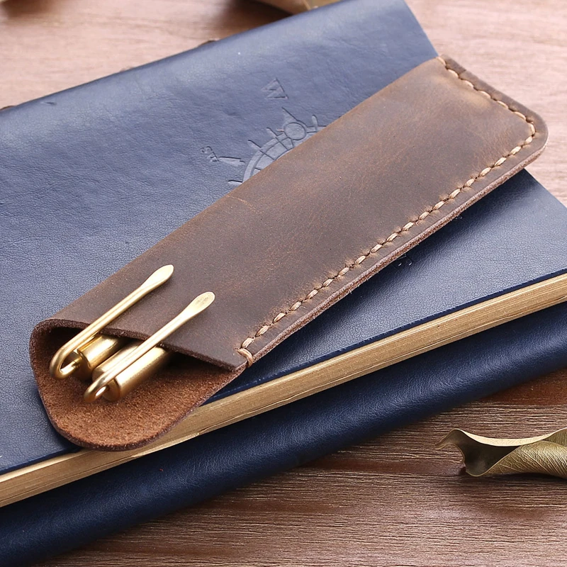 Custom Logo Vintage Genuine Leather Pencil Case Office Crazy Horse Leather Pen Sleeves Pouch Holder