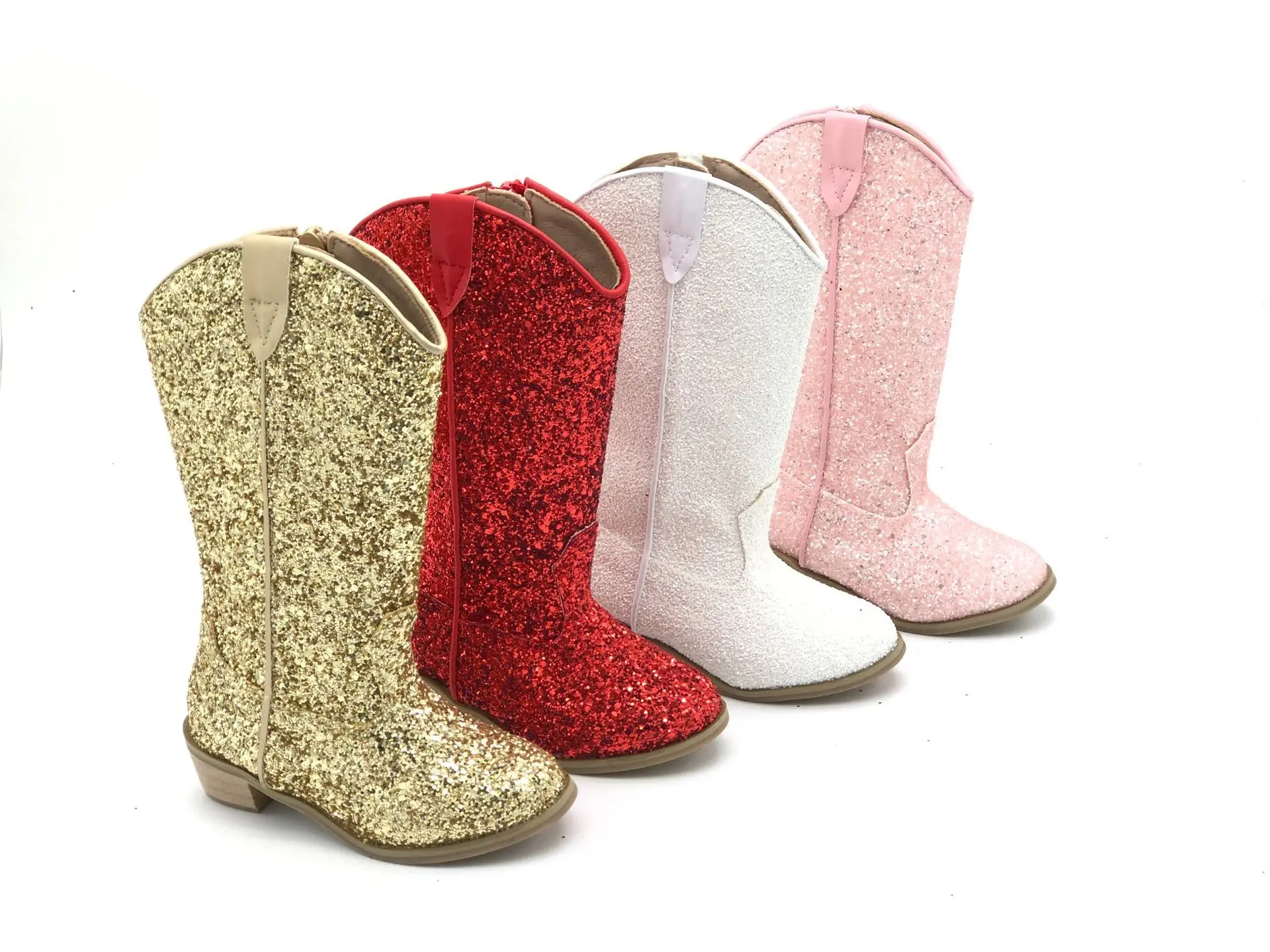 2024 New bling kids boys zipper midi bootie western cowboy heel snow boots children girls winter sequins knight boots