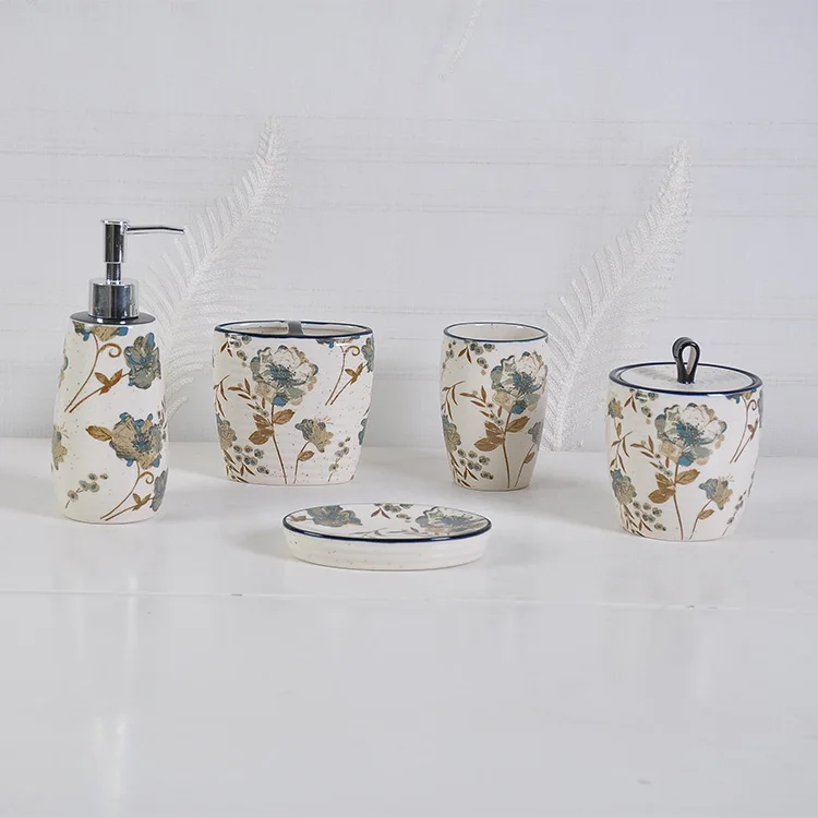 Wholesale Modern Design Customize Flower Bathroom Concise Style Accessories Set Ceramic Bathroom Set
