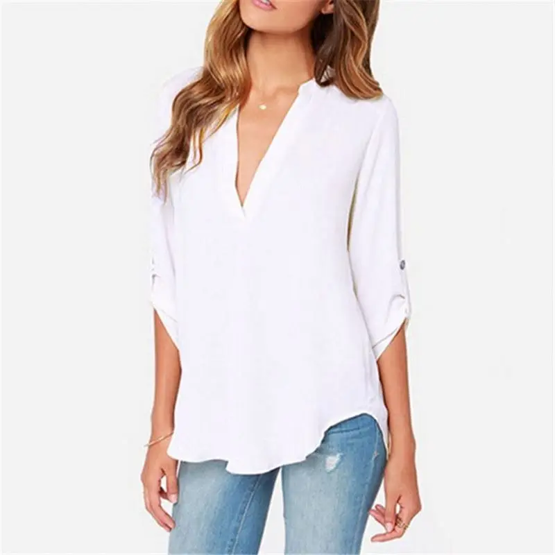simple Female Clothes Ladies Short Sleeve Chiffon Tops Shirt Sexy V Neck Solid Women Blouses Casual Tee Shirt Tops S0485