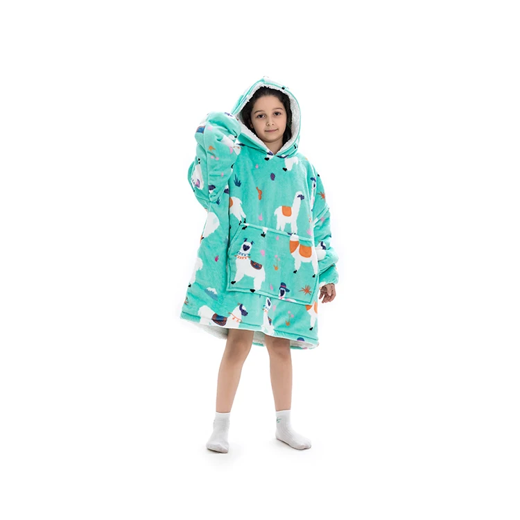 RTS multi color print custom teens super soft warm fleece sherpa pocket kids oversize hoodie blanekt