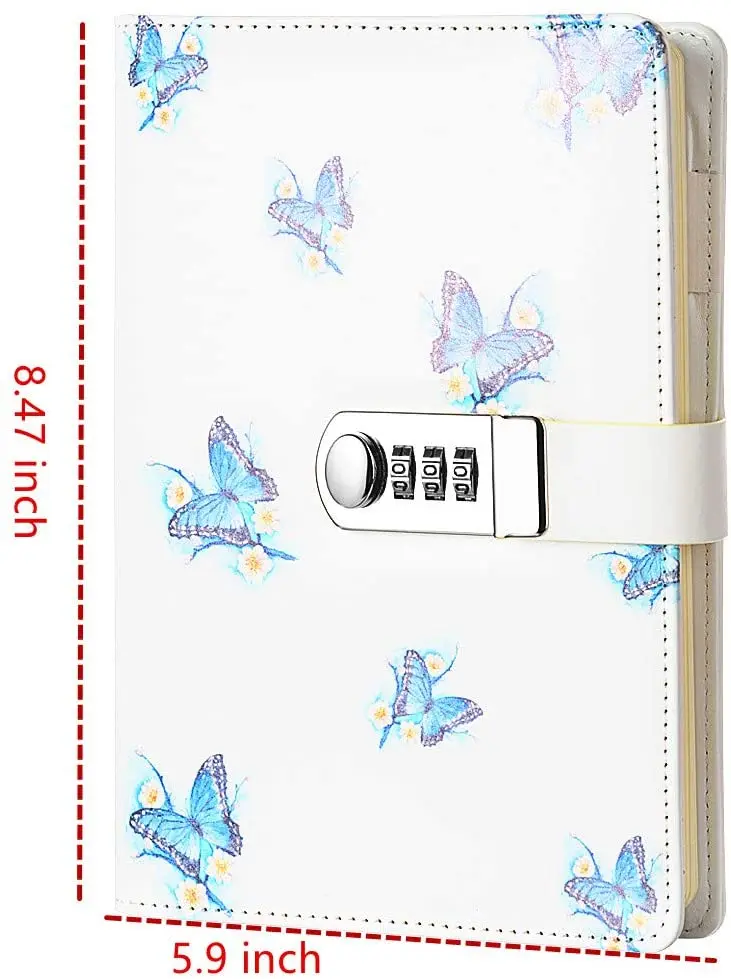 2025 New Design Password Lock A5 Digital Locking Diary Notepad Blue Butterfly Line Page with Lock Notebook Planner