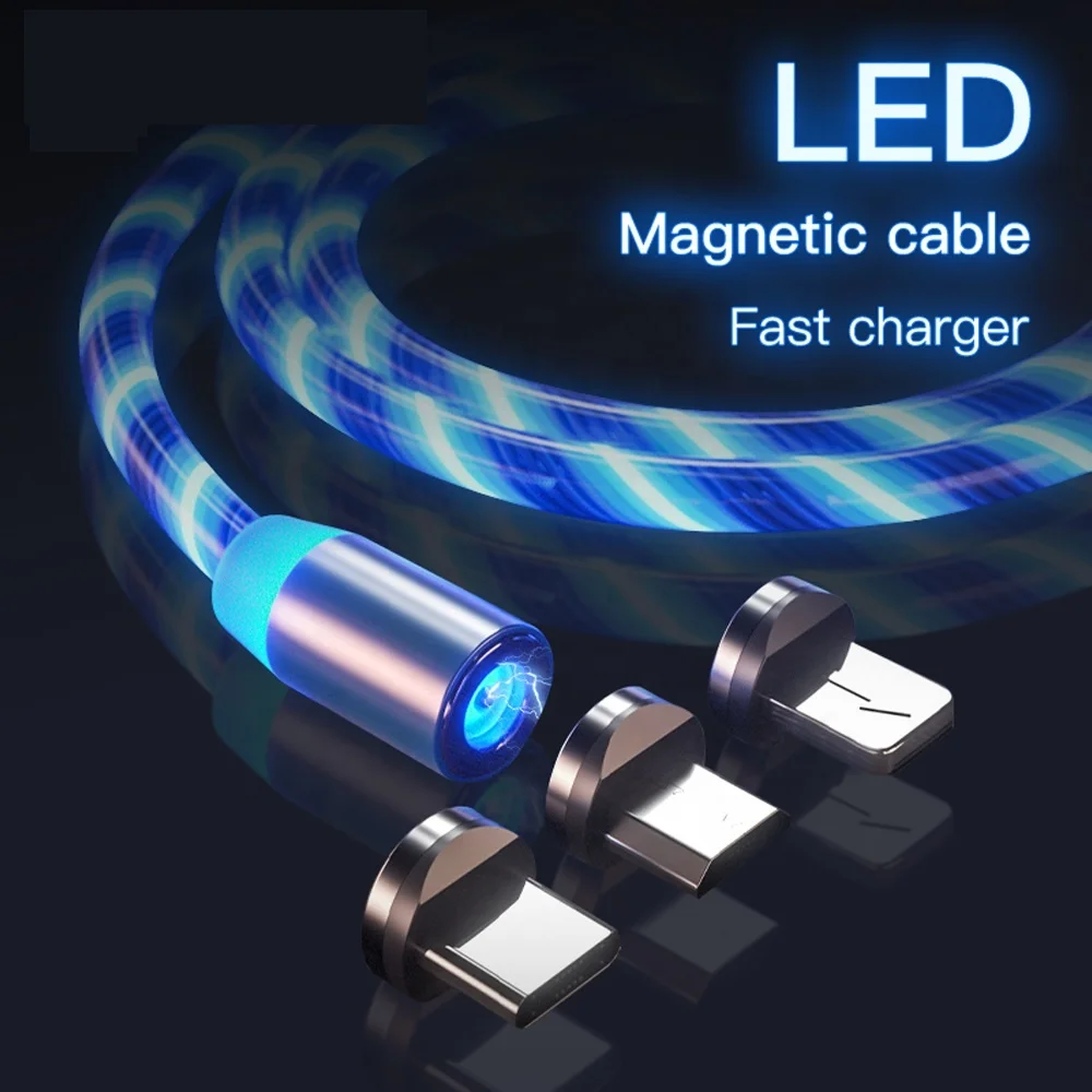  Светодиодный светящийся Магнитный зарядный usb-кабель типа C Micro USB 8 Pin 3 в 1 магнитный светодиодный кабель для
