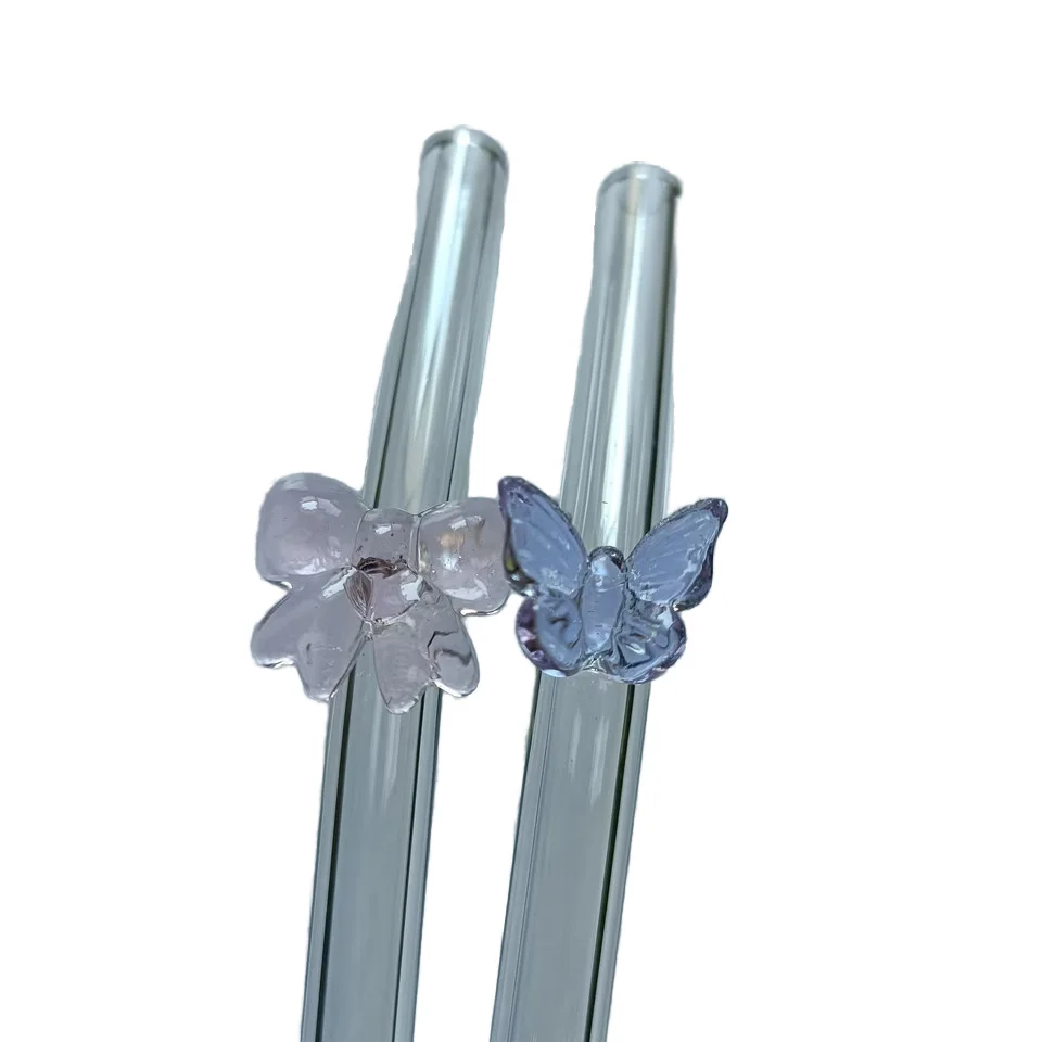 Hot selling item Glass straw with butterfly bow tie  bent straws for smoothie juice beverage  party office wedding 200*8mm size