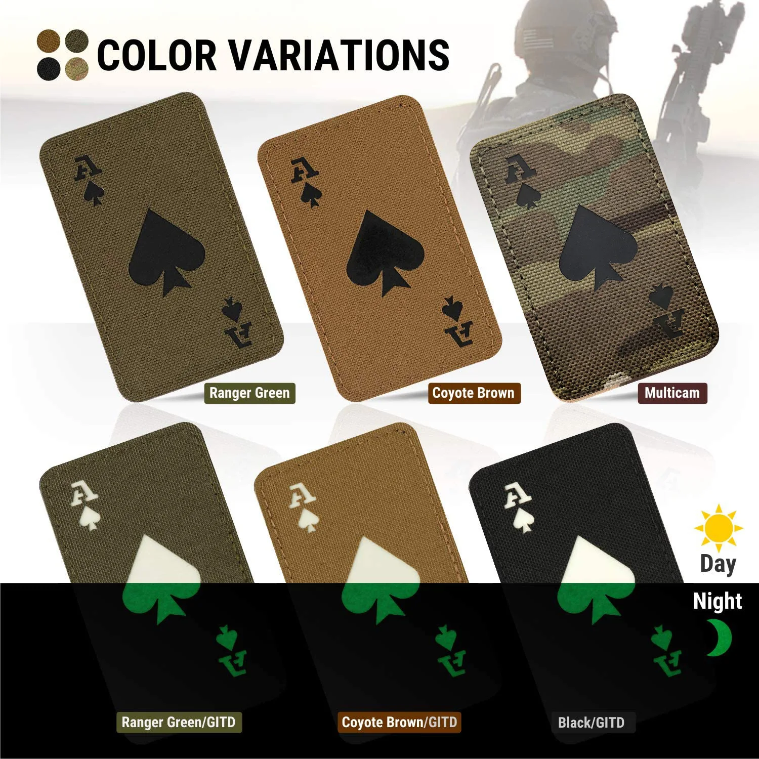 Ace of Spades Card Luminous Patch Tactical Fastener Hook & Loop Armband Reflective Emblem Badge for Clothes Backpacks Hat Vest