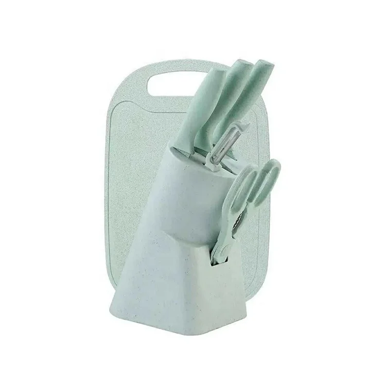 Pink Green Wheat Straw 7pcs Kitchen Knife Set with Cutting Board