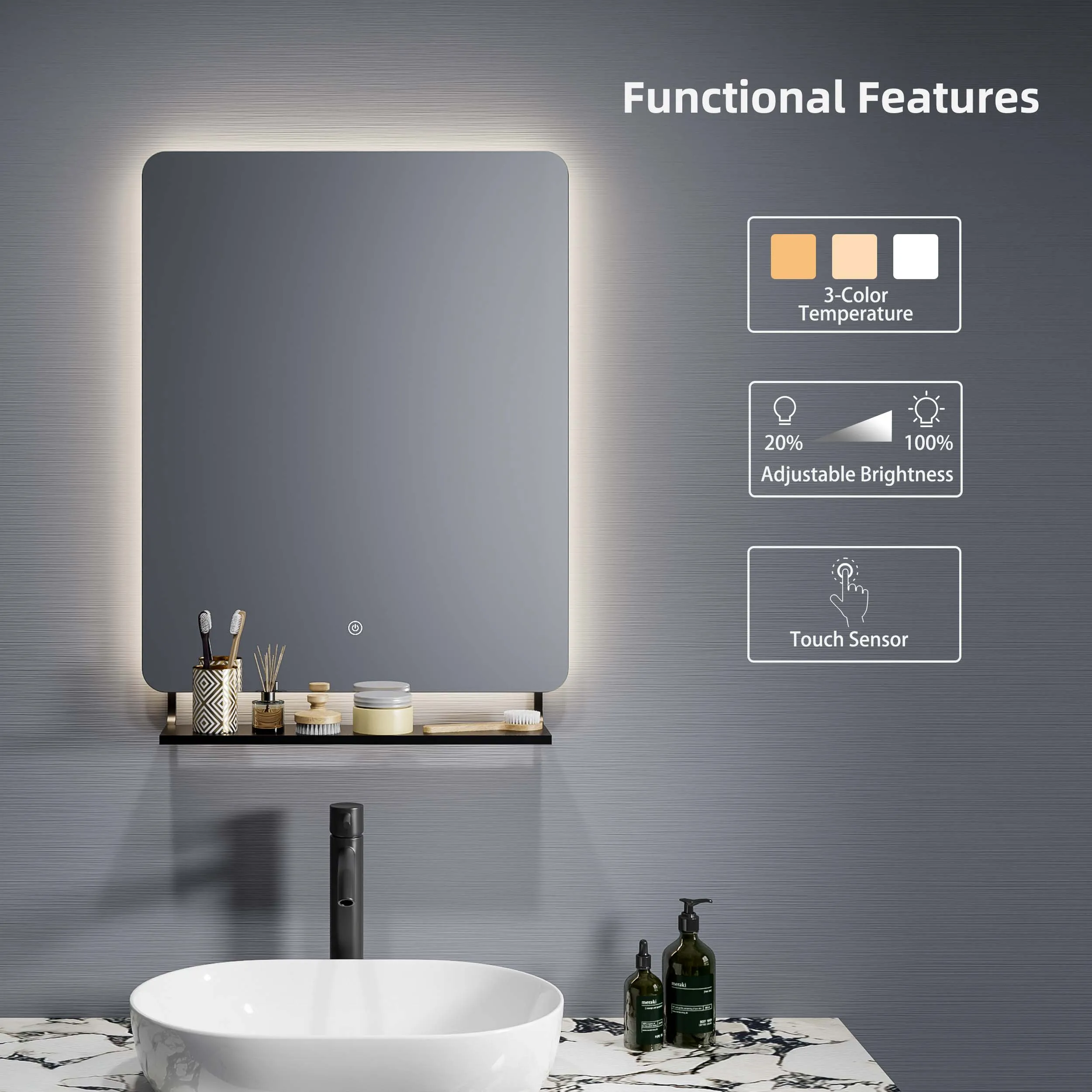 Smart Modern Wall 500 X 700 Hotel Anti Fog Backlit Storage Black Vanity Frameless Bathroom Mirror Shelf Led Light With Shelves