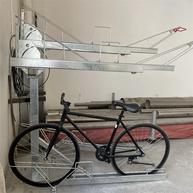 Easylift Premium gas-powered Double-Decker Assisted 4 Two-Tiered Cycles Storage Rack Across Two Tires for Handily Storing Bikes