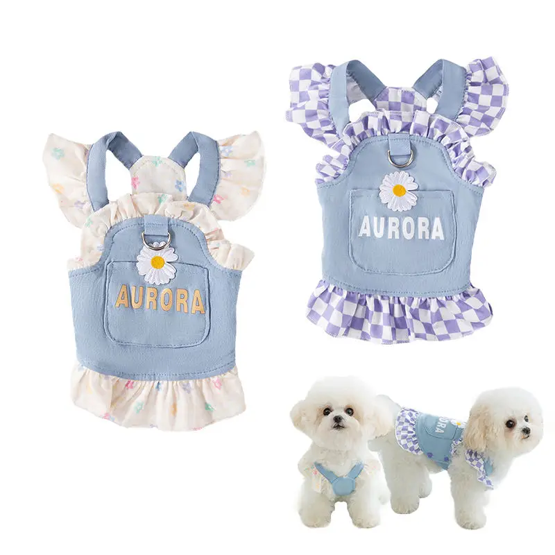 Fast Shipping Wholesale Manufacturer Spring Summer Type Pet Dress 2024 New Design Luxury Denim Cotton Soft Plaid Dog Cat Clothes