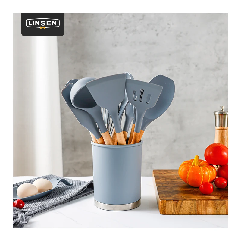 Customized Private Label Kitchen Utensils Sets Heat Resistant Wooden 12pcs Silicone Cooking Conina Non-Stick