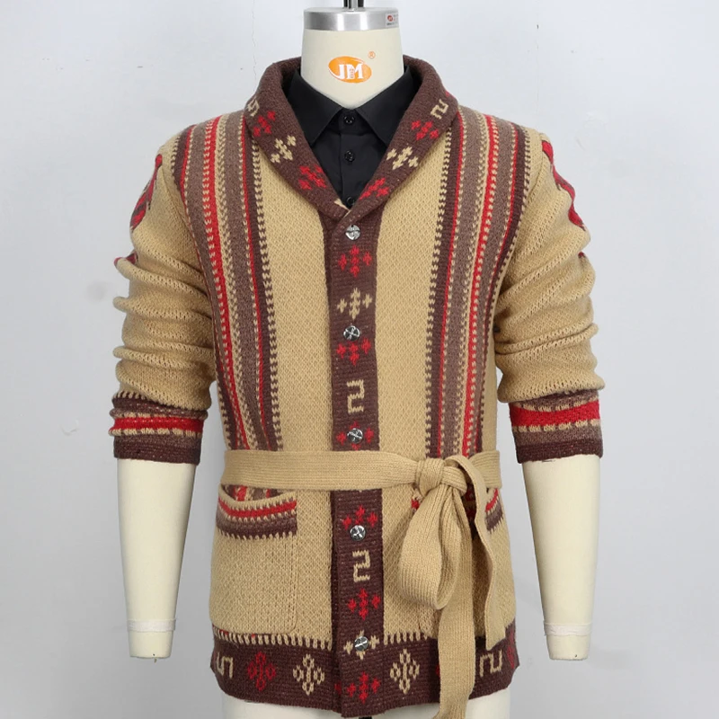 Casual Tops Shawl Collar Sweater Long Sleeve Chunky Knitted Coat Knitwear Jacquard Men Sweaters