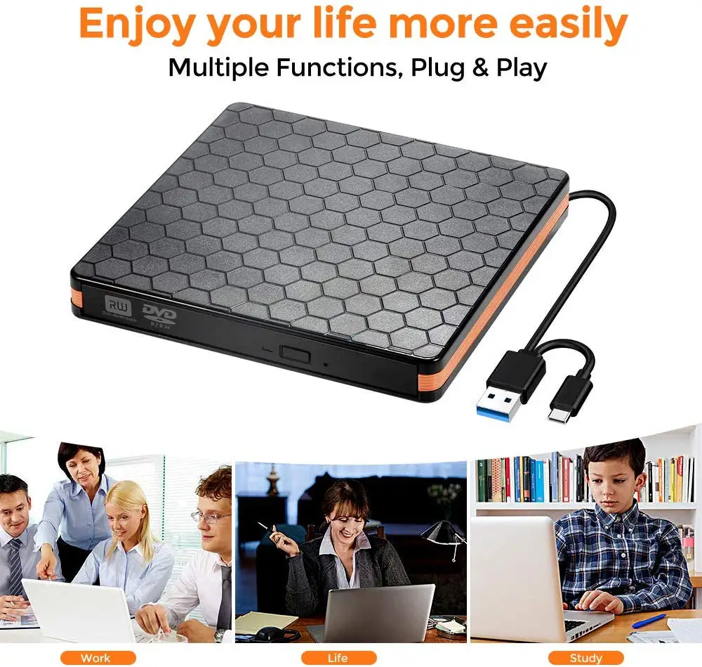 
Raycue External DVD CD Player CD-RW Burner and Reader with USB 3.0 and Type C 