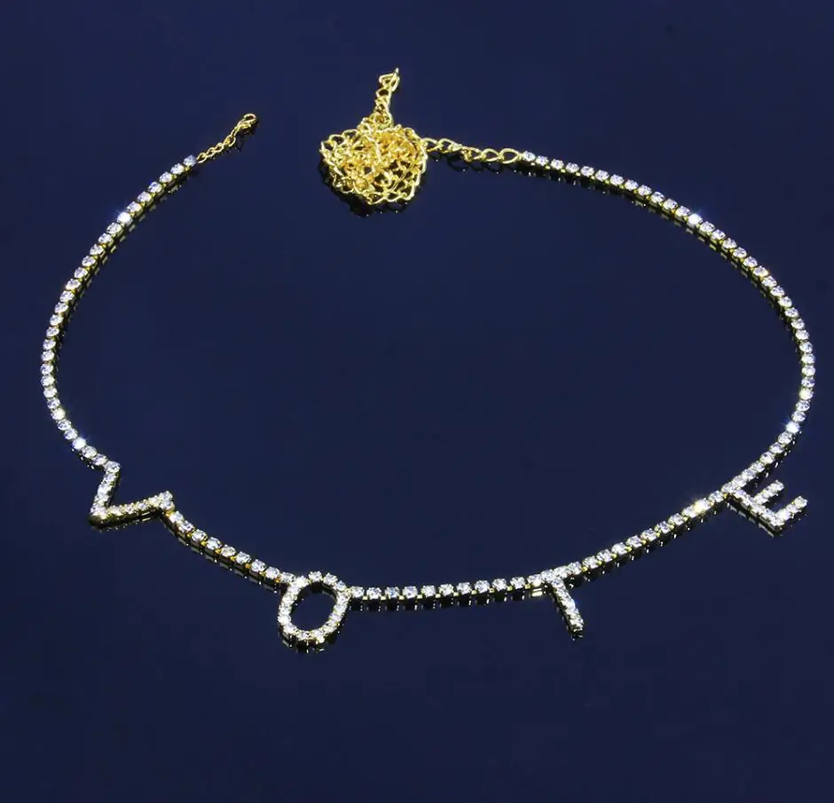 
Custom personality Gold Letter Pendant Crystal Rhinestone Initial vote necklace 