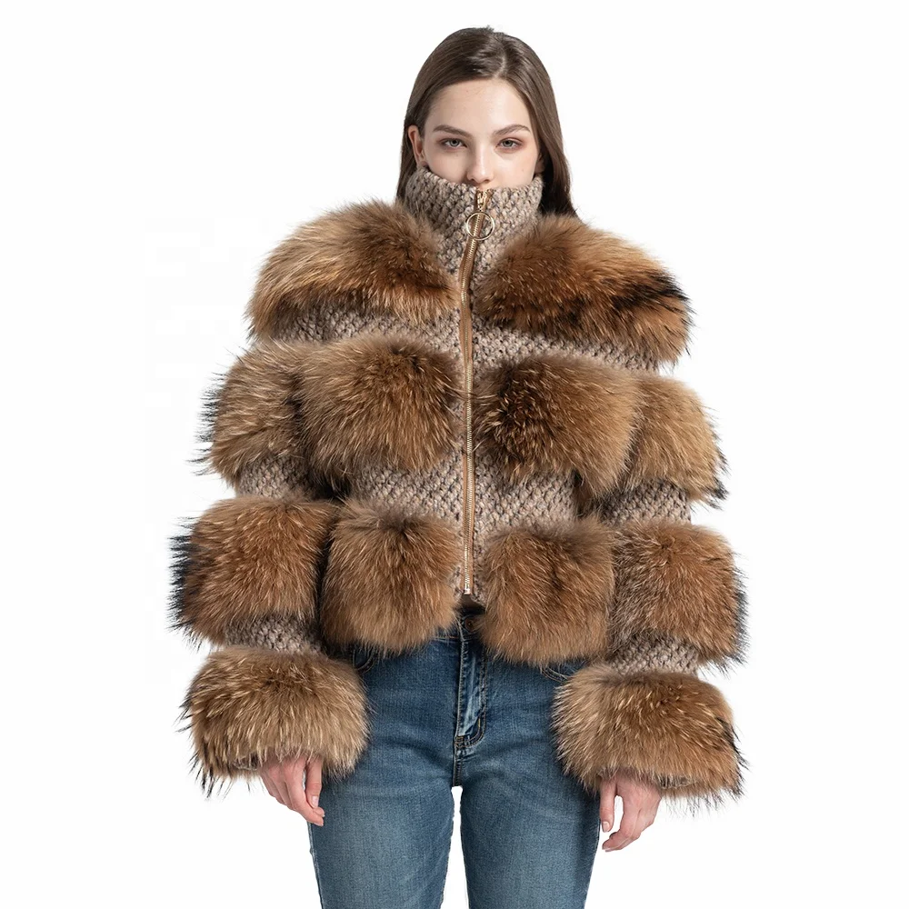 Jancoco Fashion Natural Long Sleeve Overcoat Real Raccoon Fur Coat Women