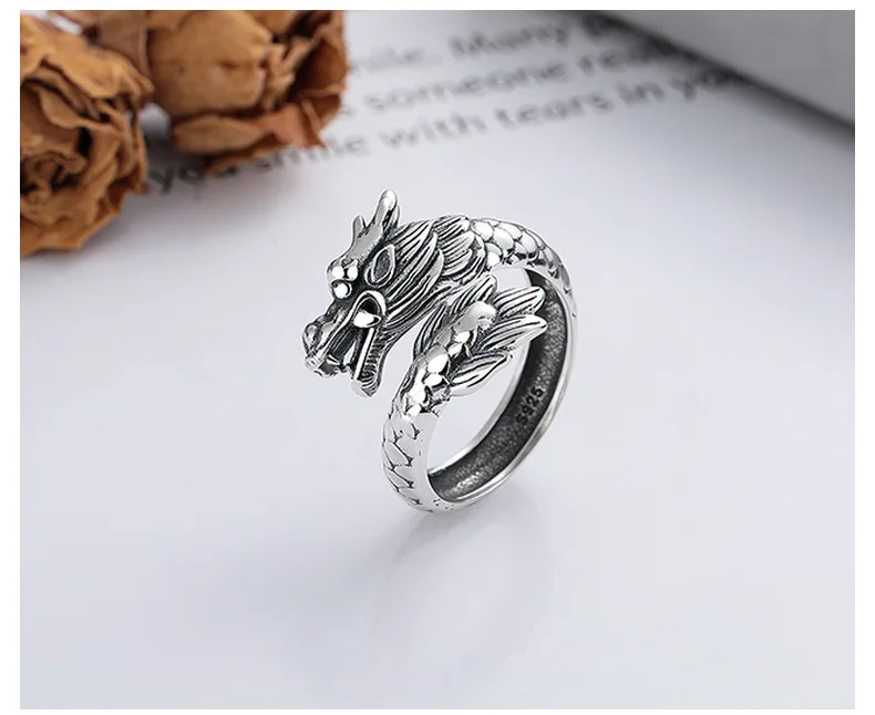 S925 sterling silver year of the loong Antique Heavy Industry Edition  dragon totem national tide wind jewelry opening ring