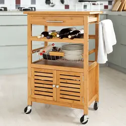 Modern Rustic Bamboo Kitchen Dining Cart Trolley with Sliding Drawer, Bottom Shelf and Metal Wire Baskets