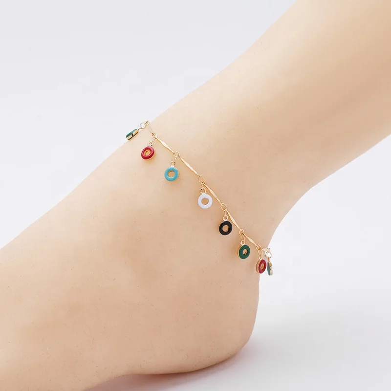 Fashion Ankle Chain Rainbow Colorful Dropping Oil Enamel Circle Tassels Beaded Charms Anklets Foot Jewelry Woman