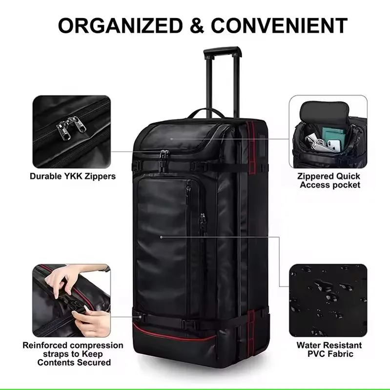 BSCI Large Waterproof Soft Roller Camping Trolley Luggage Duffel Rolling Wheeled Gym Sports Duffle Travel Bag with Wheels