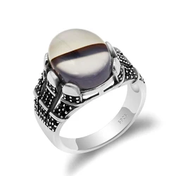 New Arrival 925 Sterling Silver Textual Agate Stone Men Ring,Turkish Jewelry Oxidized Silver Rings for Men Engagement Wedding