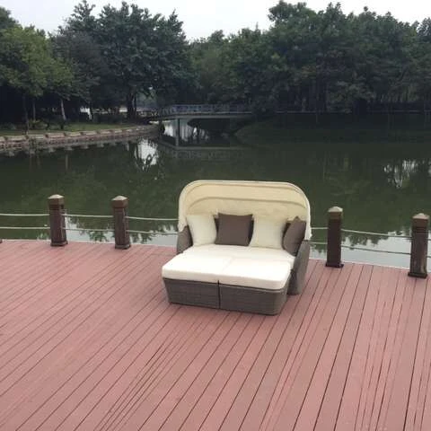 Comfortable Double Chaise Lounge with Canopy Daybed Wicker Two Seat Pool Outdoor Sun Lounger