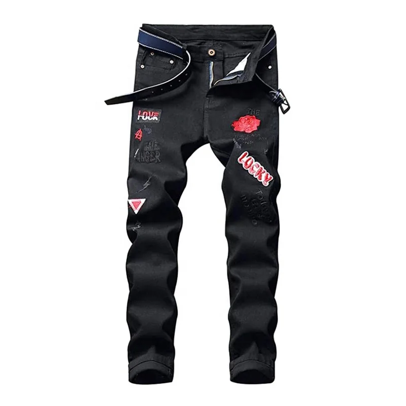 Embroidery Letter Flower Jeans Mens Stretch Jeans Pattern Ripped Skinny Biker Jeans Denim Pants