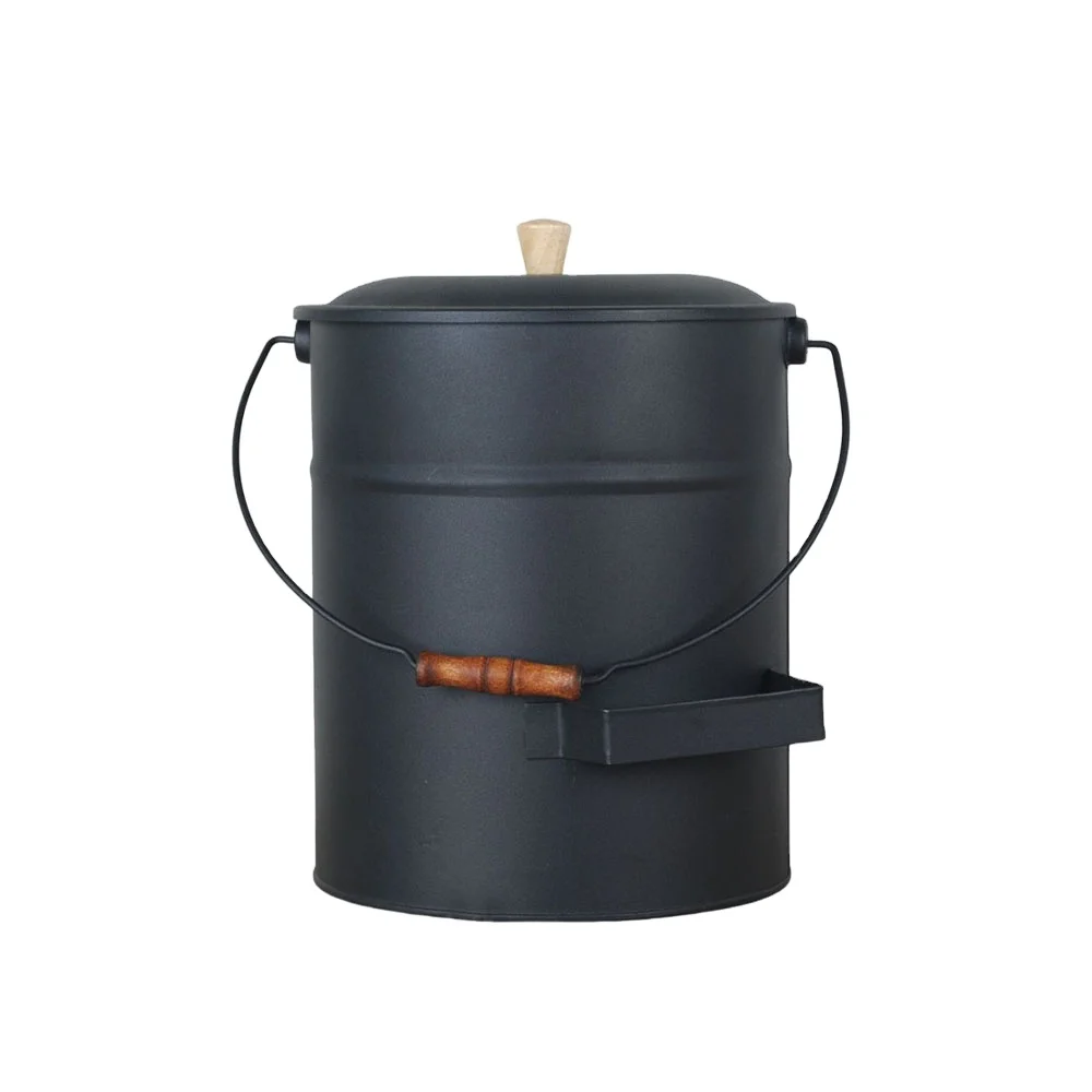 High Quality Reusable Metal Black Fireplace Tools Wooden Handle Ash Coal Bucket With Lid Shovel