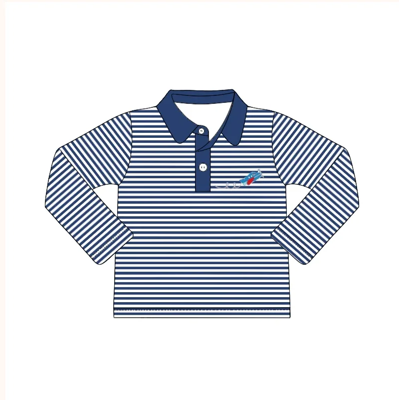 Wholesale Baby Boys Long sleeves green stripe dinosaur polo shirt Children Cotton Bamboo Smocked Embroidery Tee Shirts