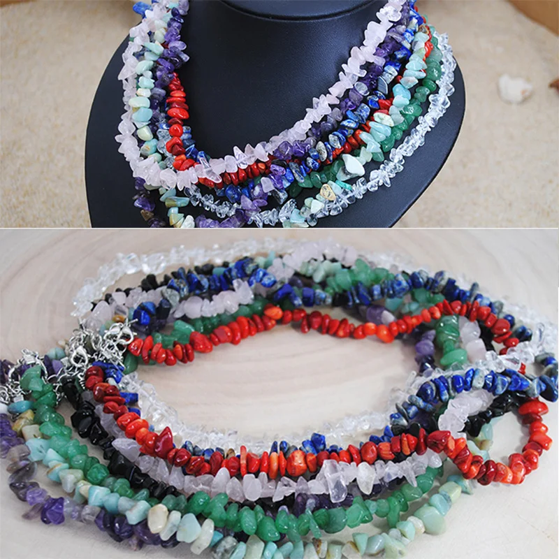 Spring Summer Irregular Rose Quartz Stone Crystal Beading Necklace Healing Gravel Gemstone Stainless Steel Choker