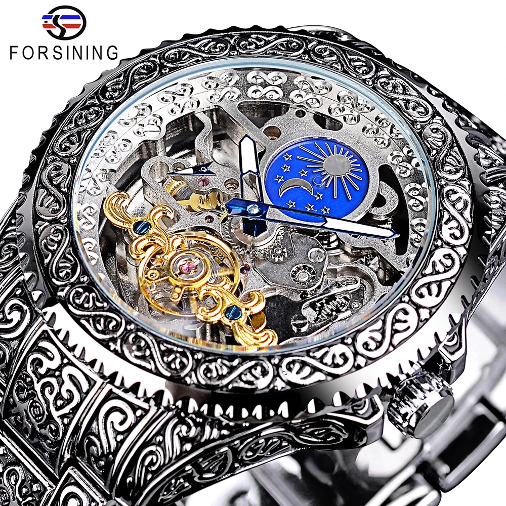 Transparent Mechanical Watch Forsining Watch Tourbillon Skeleton Mens Mechanical Watches Men Wrist Luxury Engraved Vintage Moon